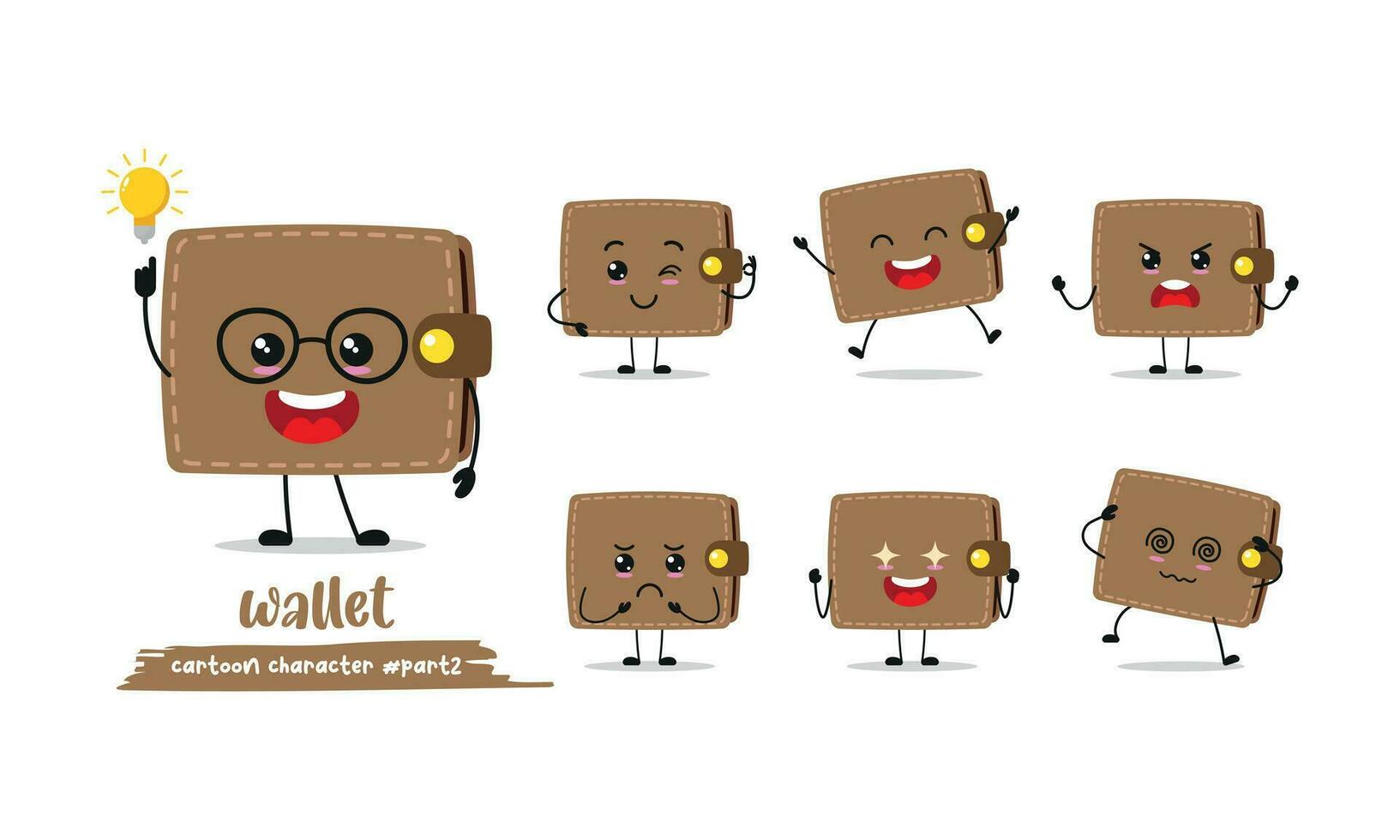 cute wallet cartoon with many expressions. different activity pose vector illustration flat design.