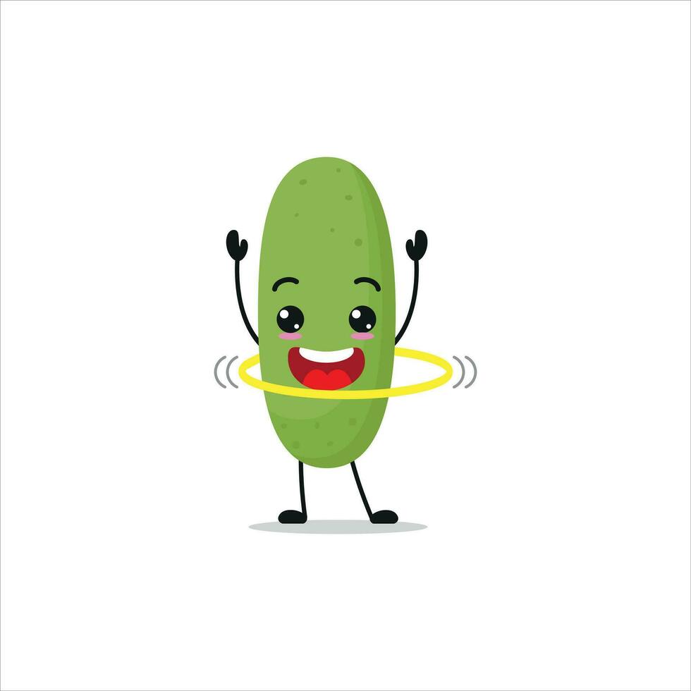 linda y gracioso Pepino haciendo hula aro. vegetal haciendo aptitud o Deportes ejercicios. contento personaje trabajando fuera vector ilustración.