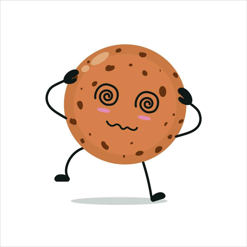 Cute dizzy cookie character. Funny drunk biscuit cartoon emoticon in flat style. bakery emoji vector illustration