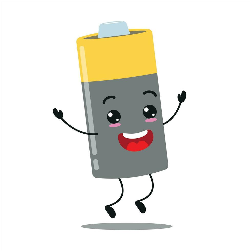 Cute happy battery character. Funny jump array cartoon emoticon in flat style. power unit emoji vector illustration
