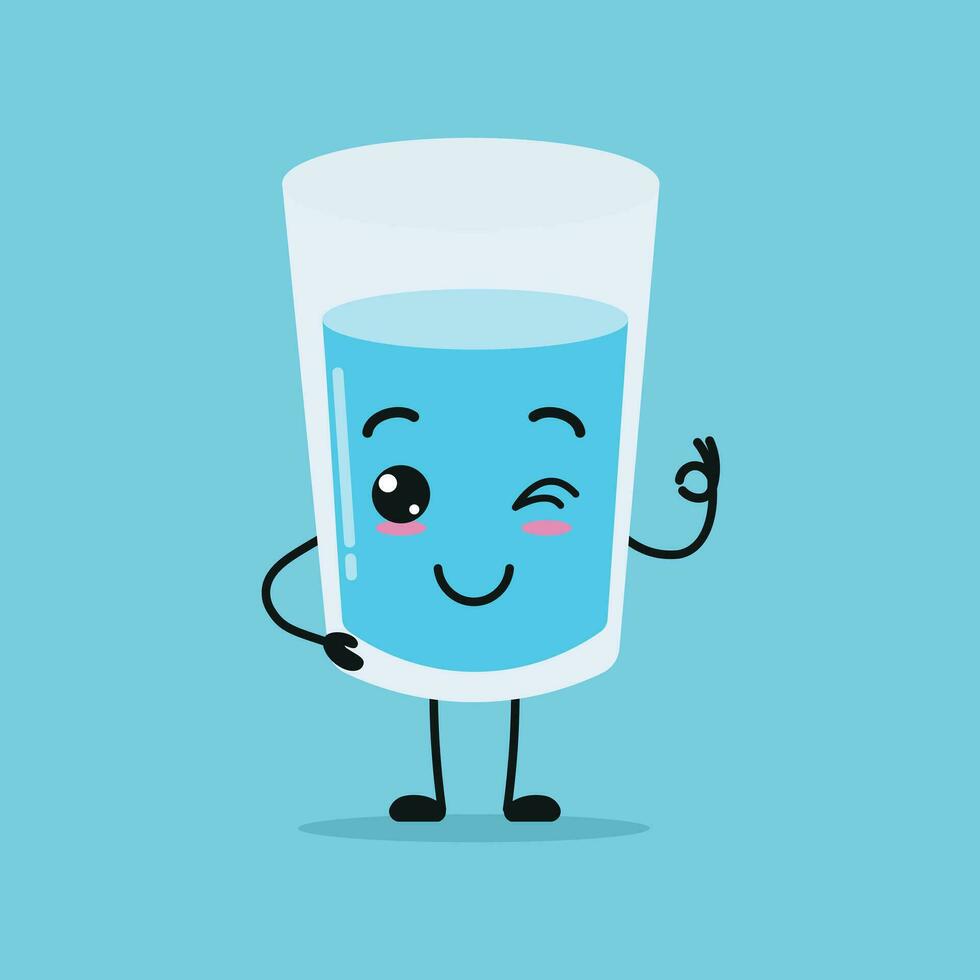 Cute happy water glass character. Funny smiling and blink glass cartoon emoticon in flat style. water emoji vector illustration