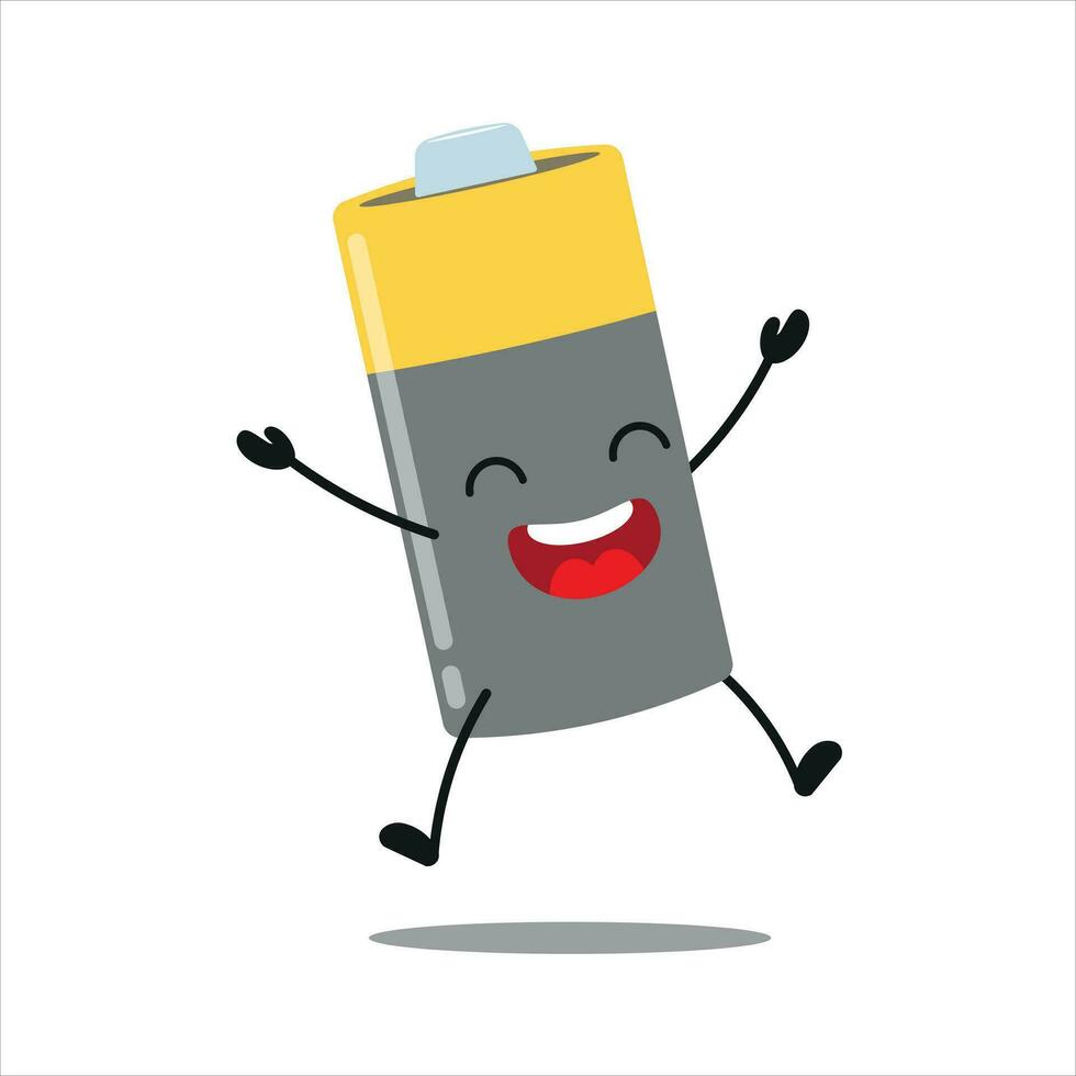 Cute happy battery character. Funny celebration jump array cartoon emoticon in flat style. power unit emoji vector illustration