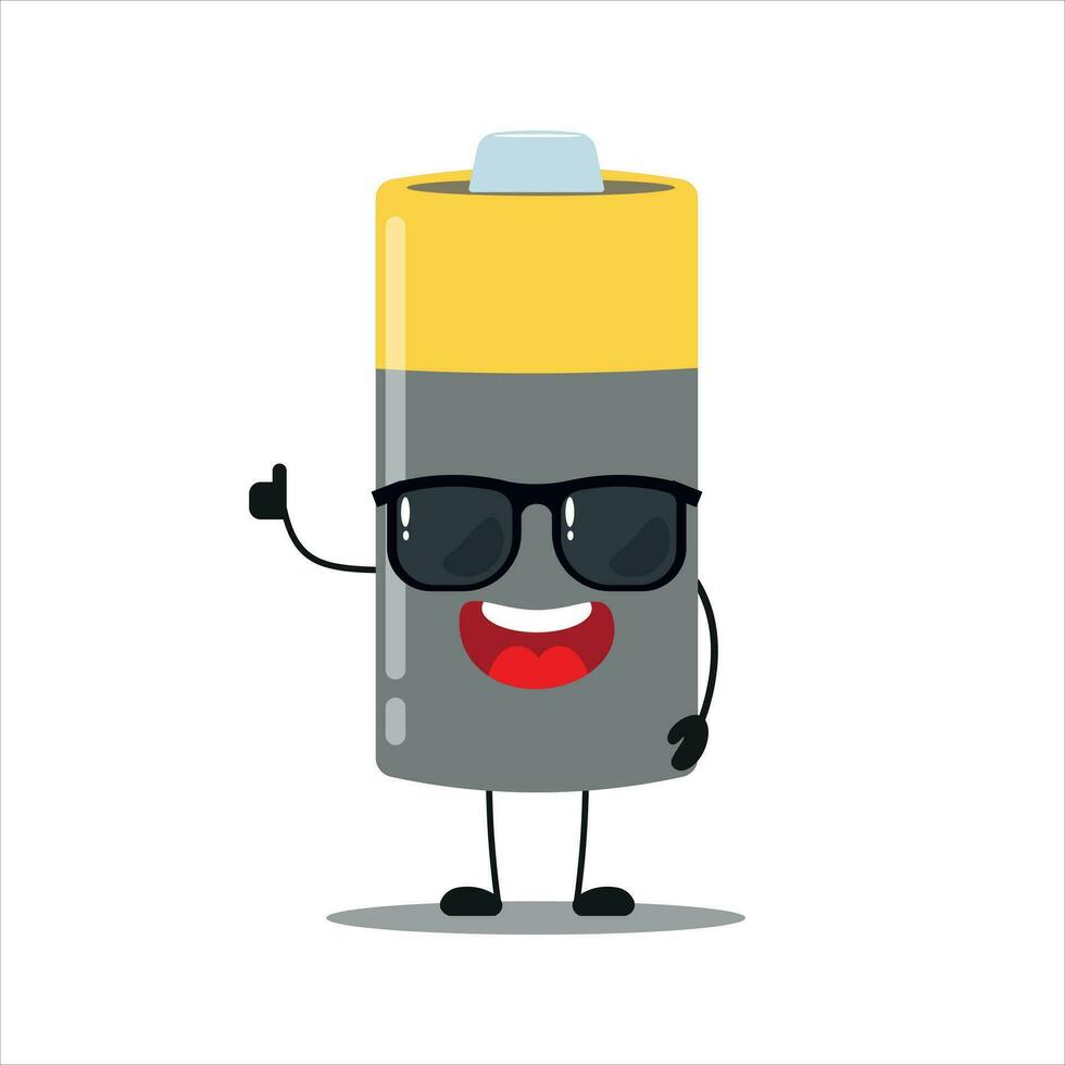 Cute happy battery character wear sunglasses. Funny array greet friend cartoon emoticon in flat style. power unit emoji vector illustration