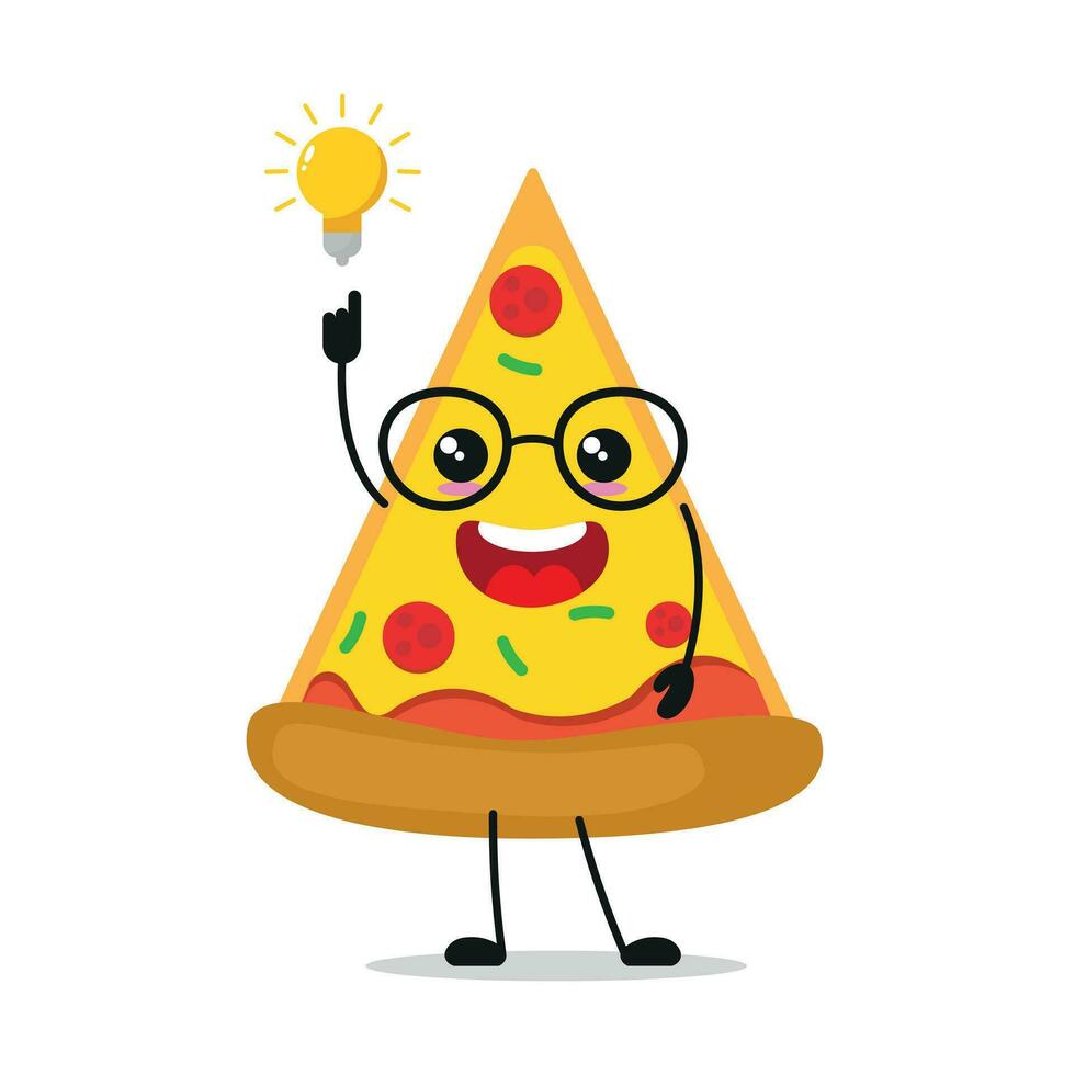 Cute smart pizza character. Funny pie got inspiration idea cartoon emoticon in flat style. food emoji vector illustration