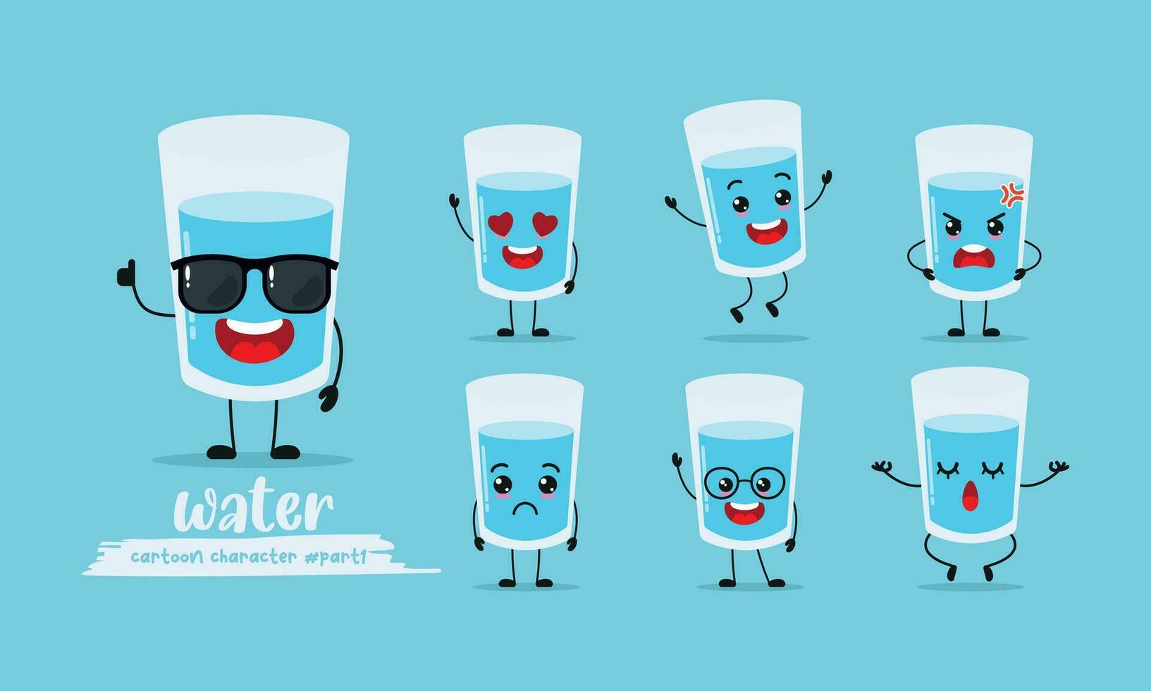 cute glass of water cartoon with many expressions. different activity pose vector illustration flat design set with sunglasses.