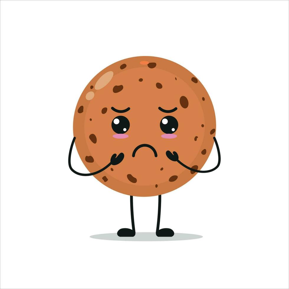 Cute gloomy cookie character. Funny sad biscuit cartoon emoticon in flat style. bakery emoji vector illustration