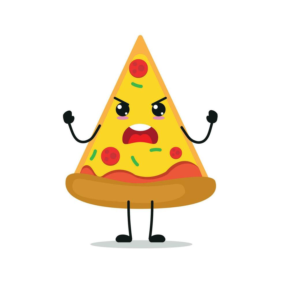 linda enojado Pizza personaje. gracioso furioso tarta dibujos animados emoticon en plano estilo. comida emoji vector ilustración