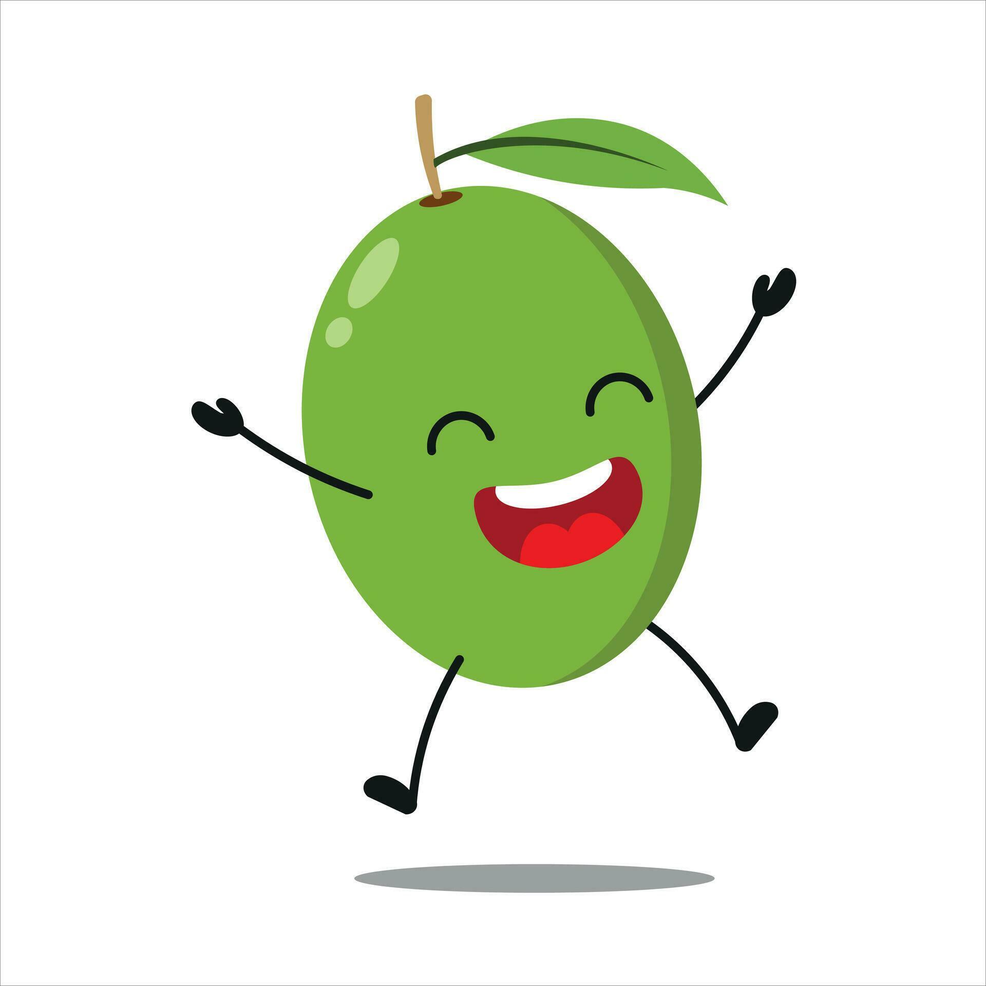 Cute happy olive character. Funny jump olive cartoon emoticon in flat