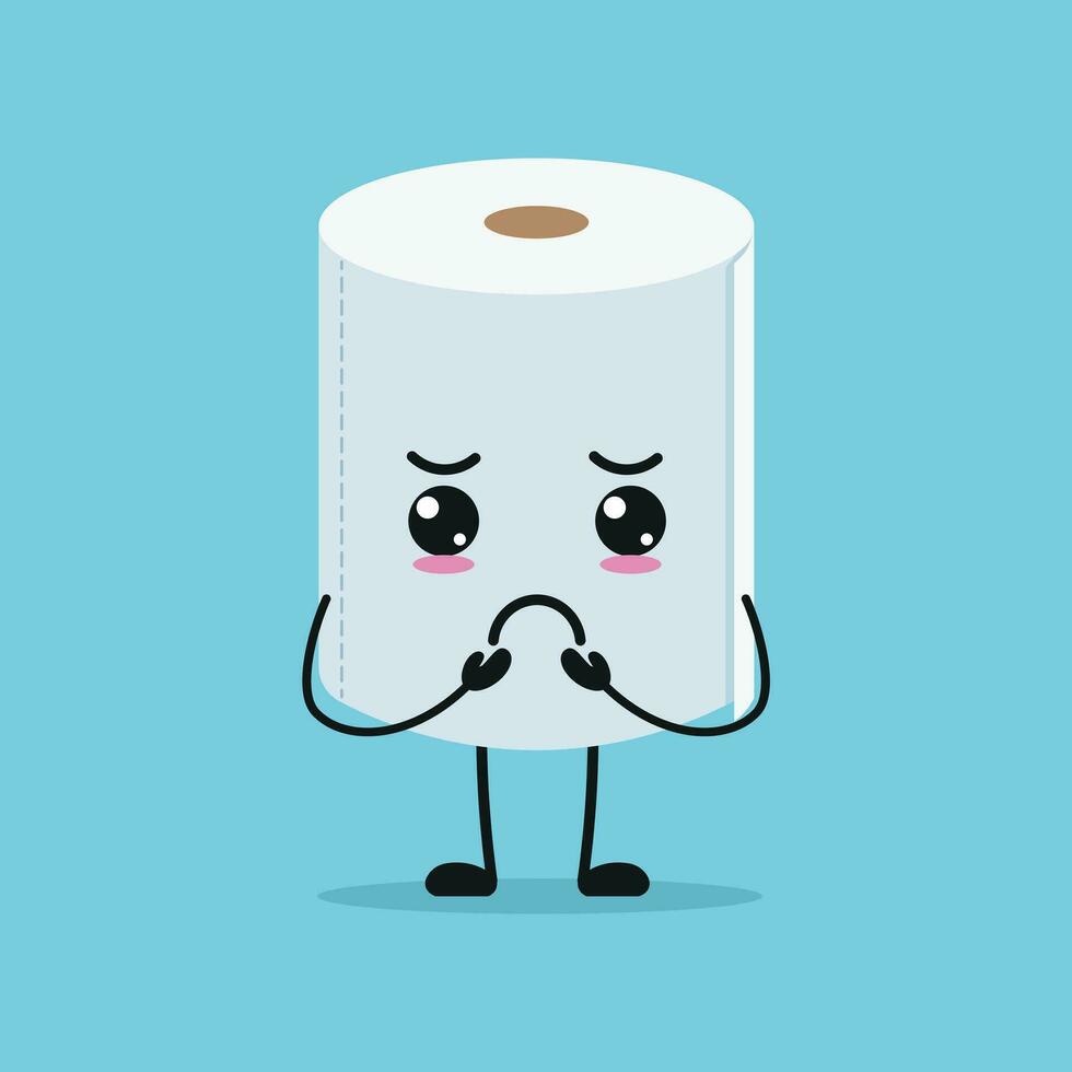 Cute gloomy toilet paper character. Funny sad tissue cartoon emoticon in flat style emoji vector illustration