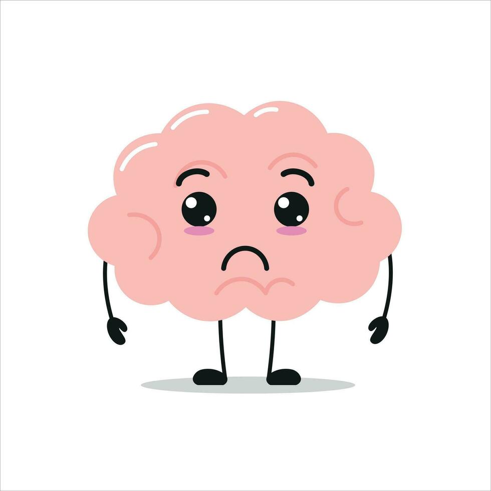 Cute sad brain character. Funny unhappy brain cartoon emoticon in flat style. encephalon emoji vector illustration