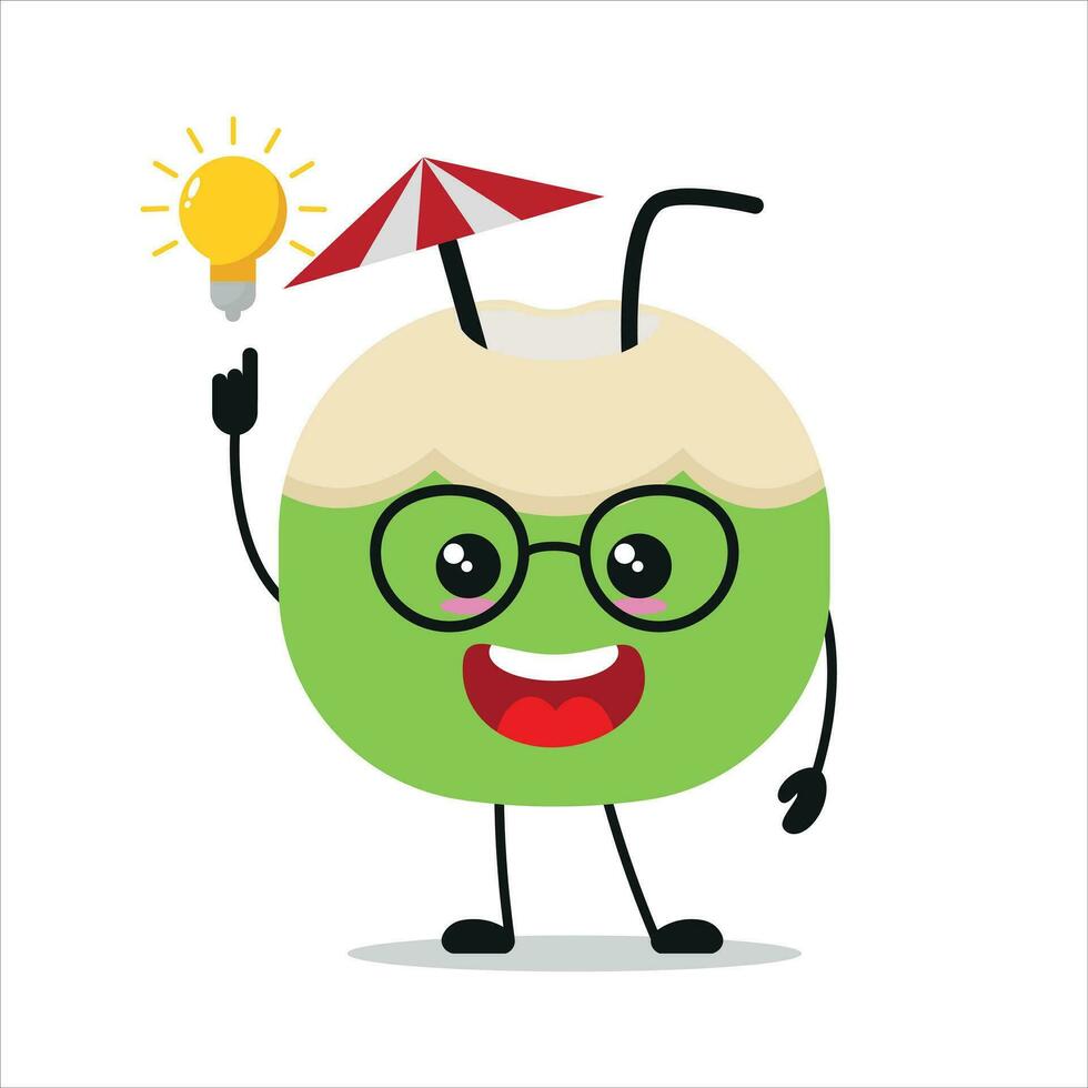 Cute smart slice coconut character. Funny coconut got inspiration idea cartoon emoticon in flat style. fruit emoji vector illustration