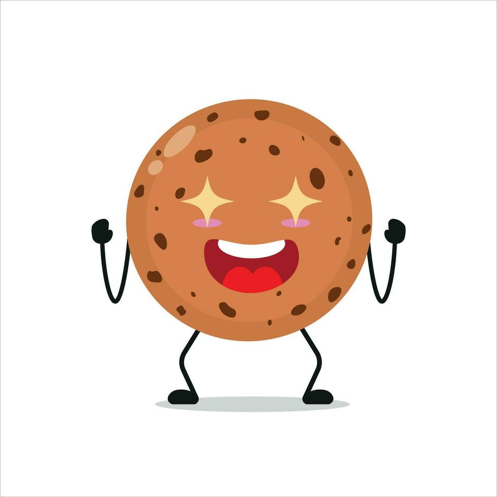 Cute excited cookie character. Funny electrifying biscuit cartoon emoticon in flat style. bakery emoji vector illustration