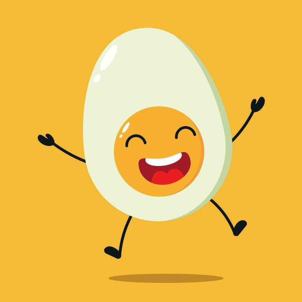 linda contento medio hervido huevo personaje. gracioso saltar huevo dibujos animados emoticon en plano estilo. comida emoji vector ilustración