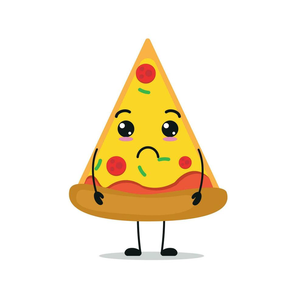 linda triste Pizza personaje. gracioso infeliz tarta dibujos animados emoticon en plano estilo. comida emoji vector ilustración