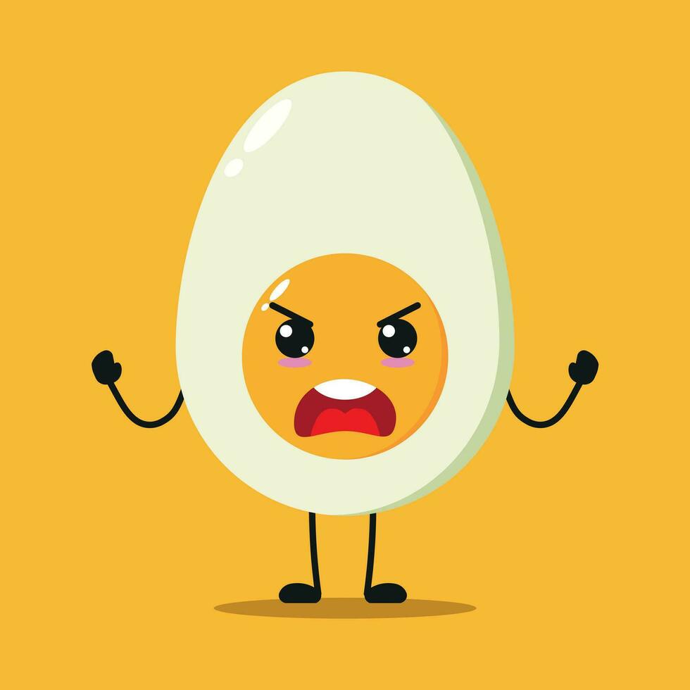 Cute angry half boiled egg character. Funny furious egg cartoon emoticon in flat style. food emoji vector illustration
