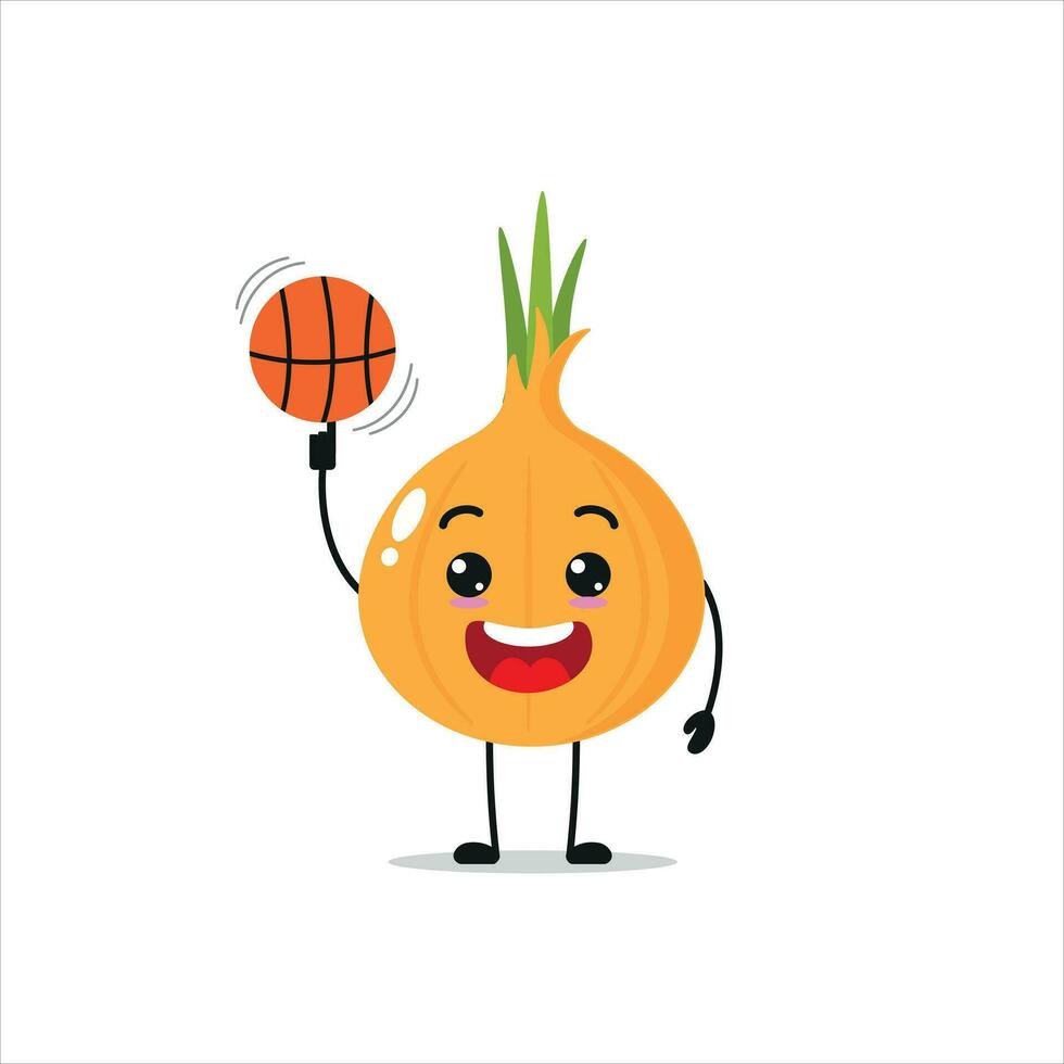 Cute and funny onion play basketball. Vegetable doing fitness or sports exercises. Happy character working out vector illustration.