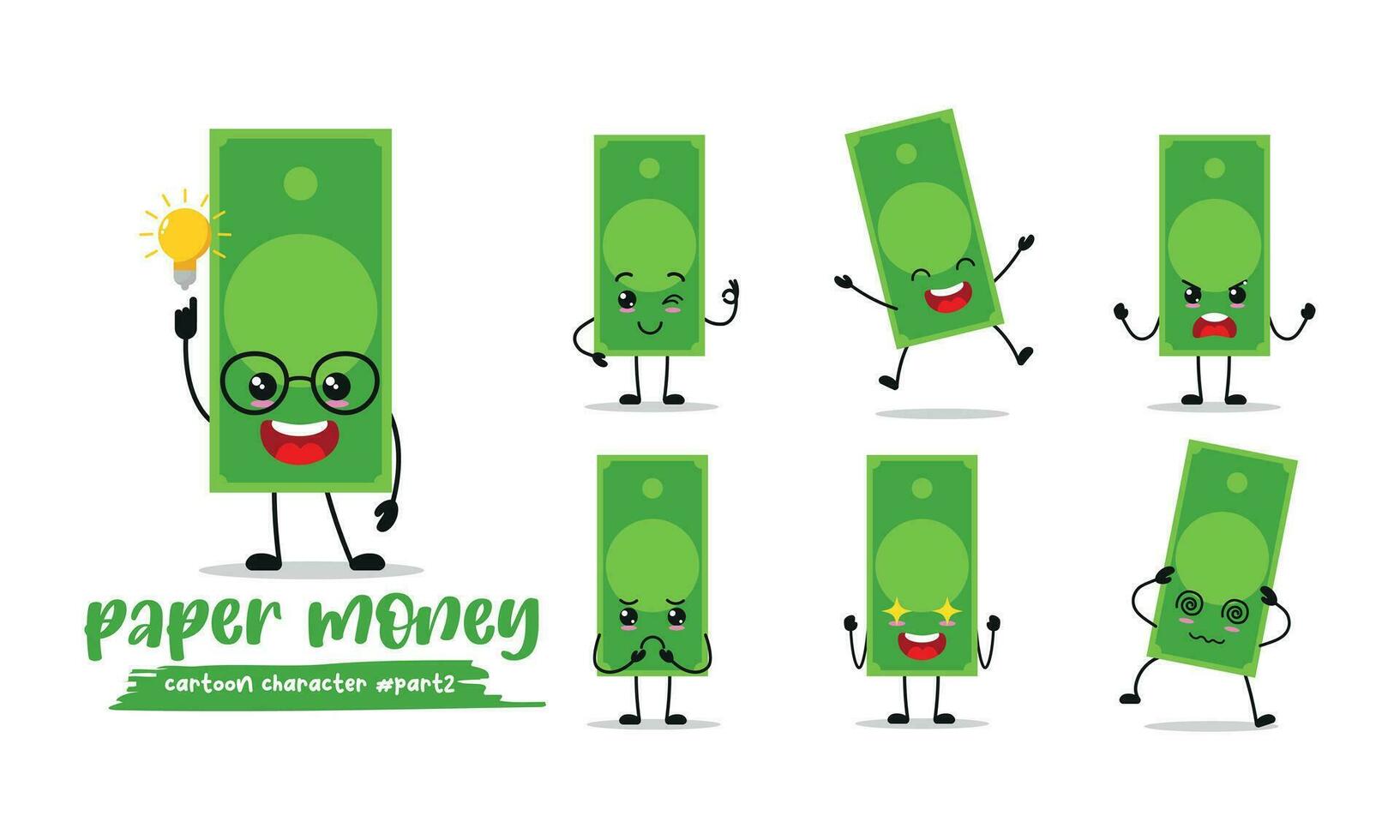 cute paper money cartoon with many expressions. different activity pose vector illustration flat design set.