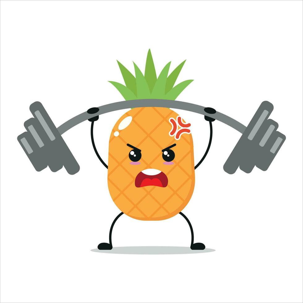 Cute and funny pineapple doing weightlifting. fruit doing fitness or sports exercises. Happy character working out vector illustration.