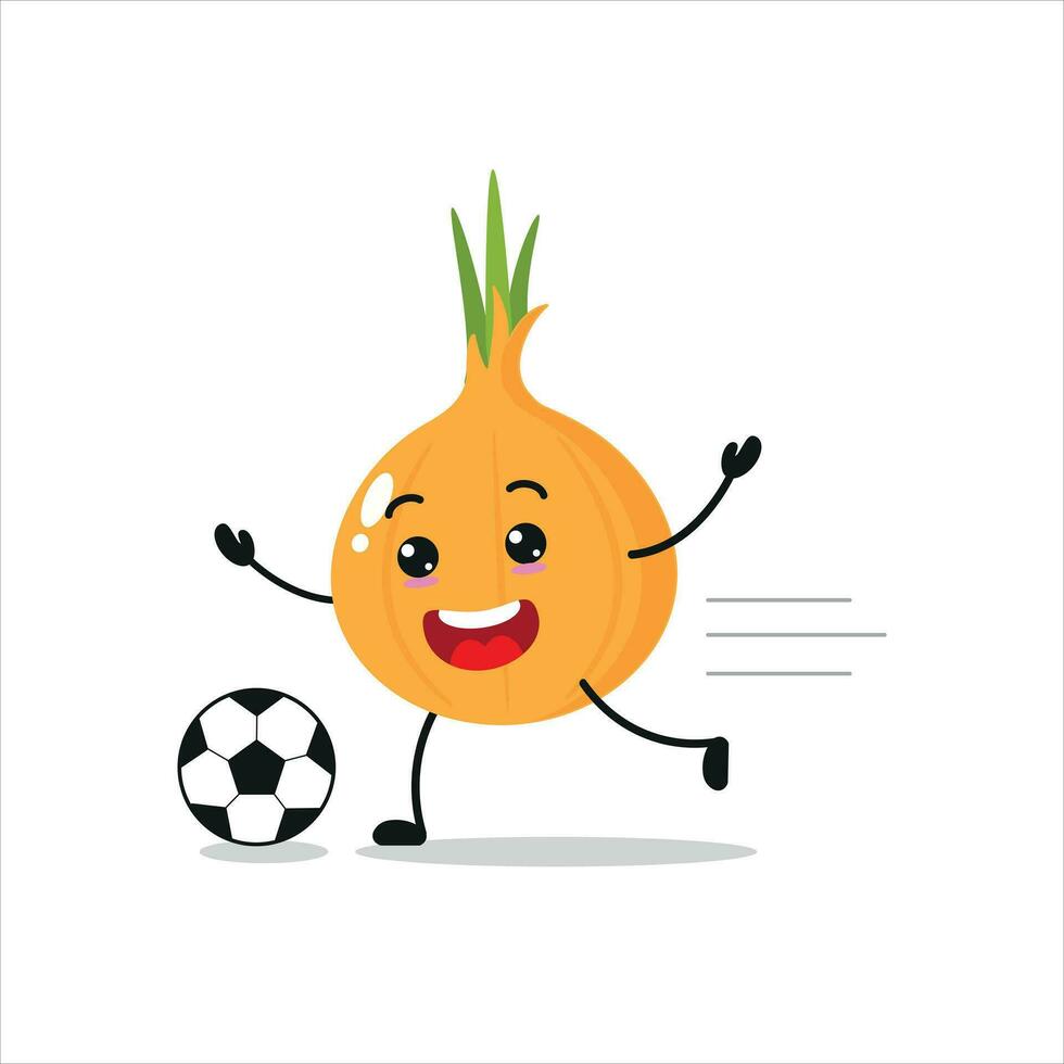 Cute and funny onion play football. Vegetable doing fitness or sports exercises. Happy character soccer working out vector illustration.