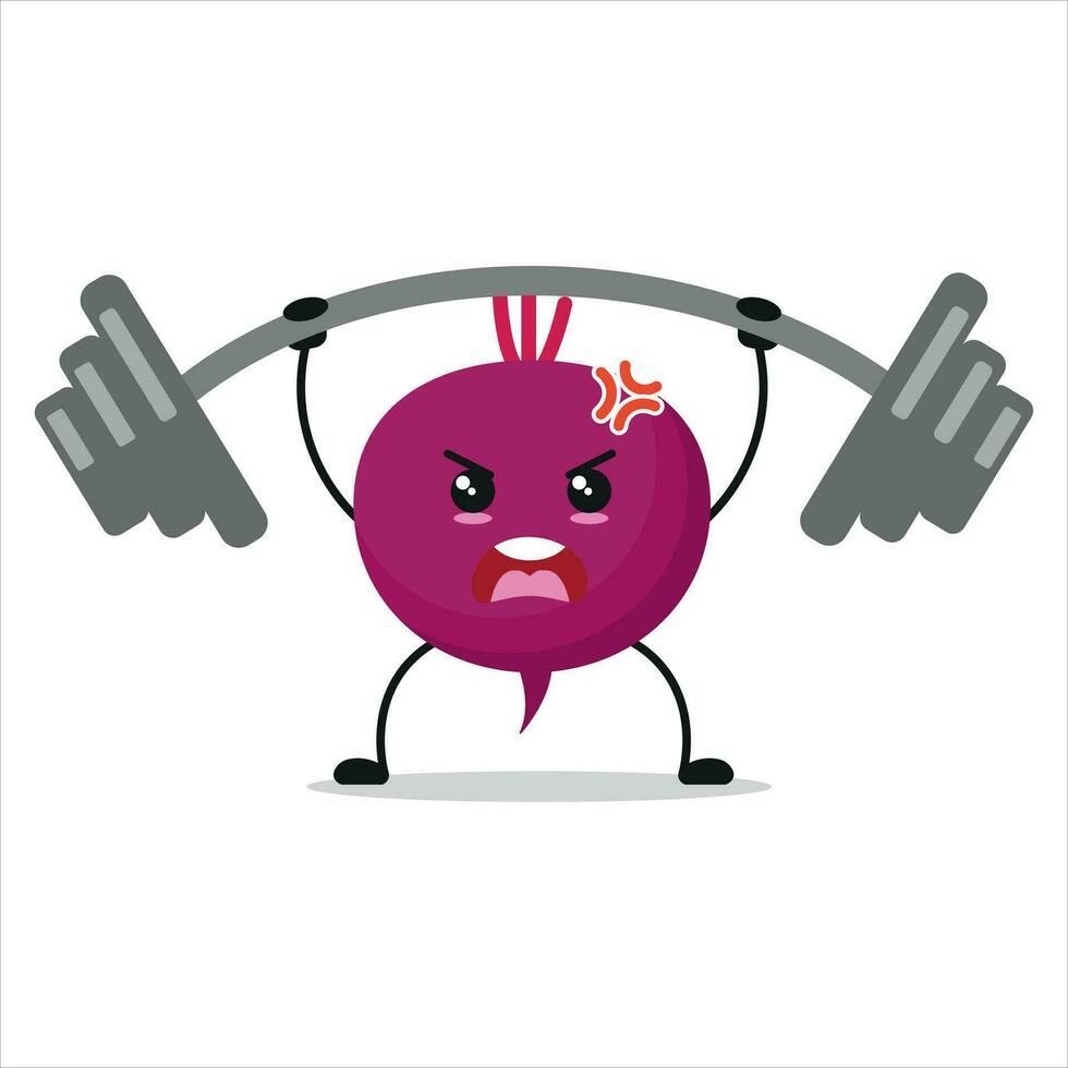 Cute and funny beet doing weightlifting. Vegetable doing fitness or sports exercises. Happy character working out vector illustration.