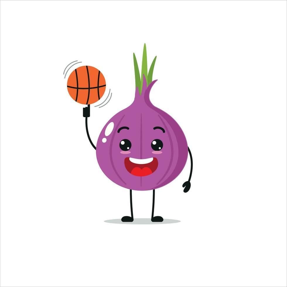 Cute and funny red onion play basketball. Vegetable doing fitness or sports exercises. Happy character working out vector illustration.