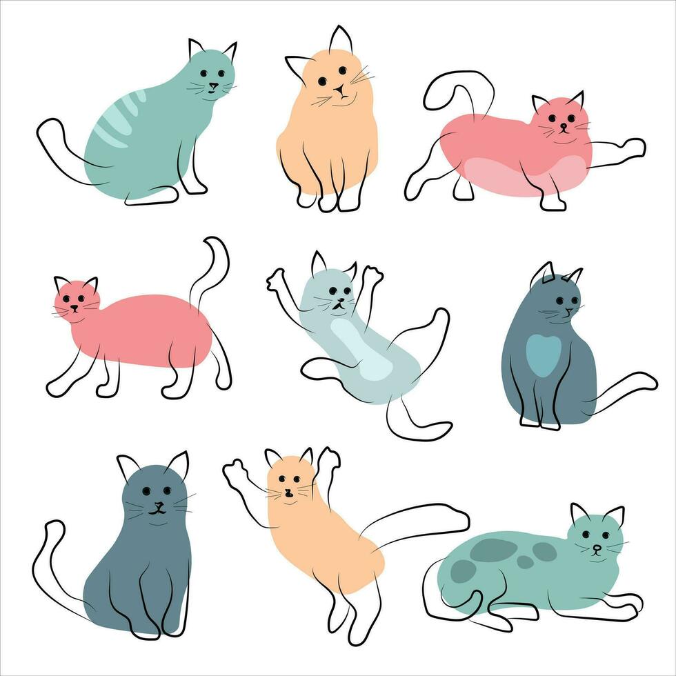 Big set with cute stylized cats isolated on white background. Vector image