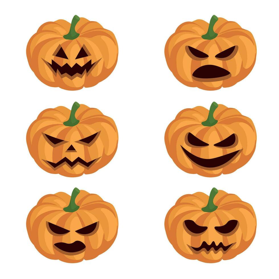 Set of orange pumpkins with different smiles for Halloween day isolated on white background. The main symbol of the Halloween celebration. Vector illustration.
