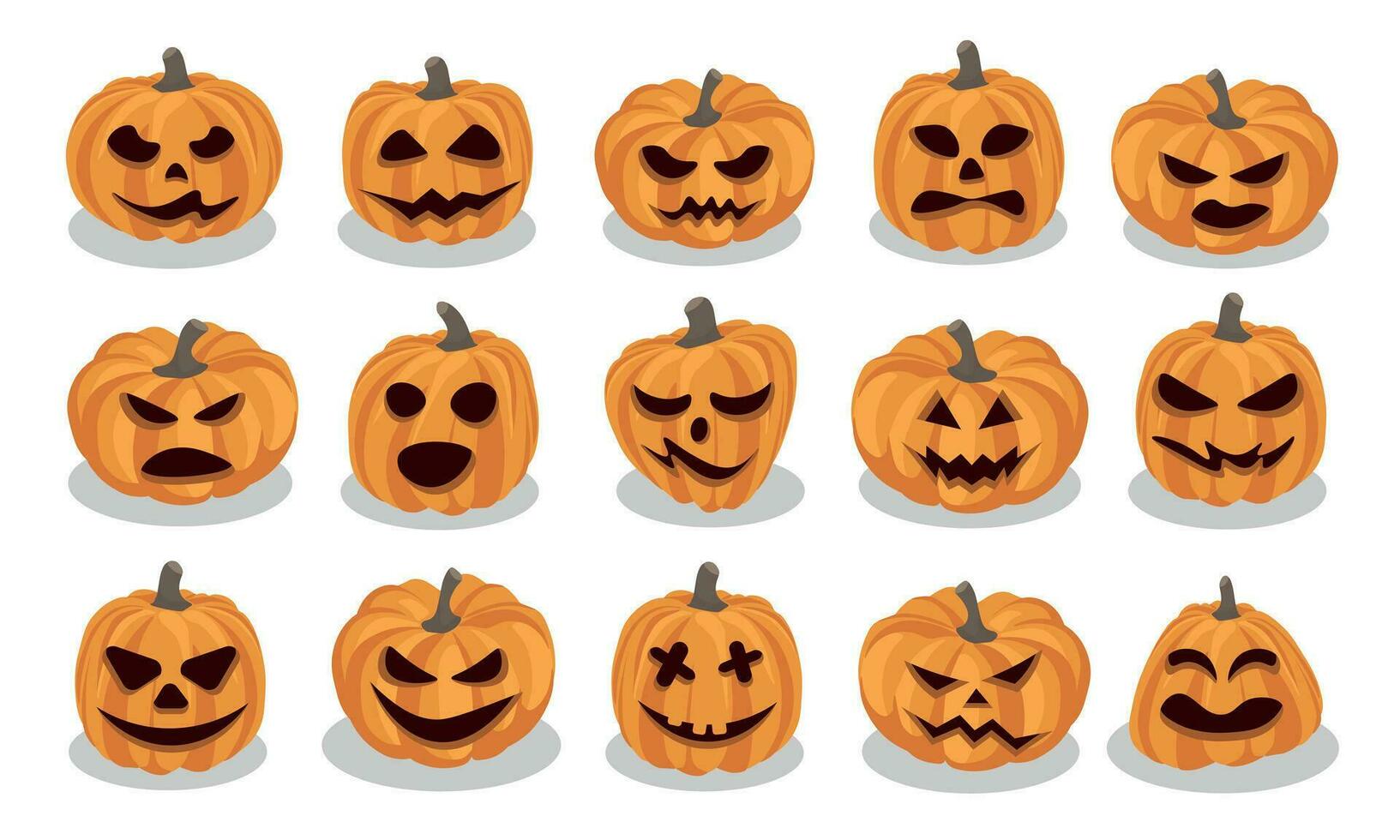 Set of orange pumpkins with different smiles for Halloween day isolated on white background. The main symbol of the Halloween celebration. Vector illustration.