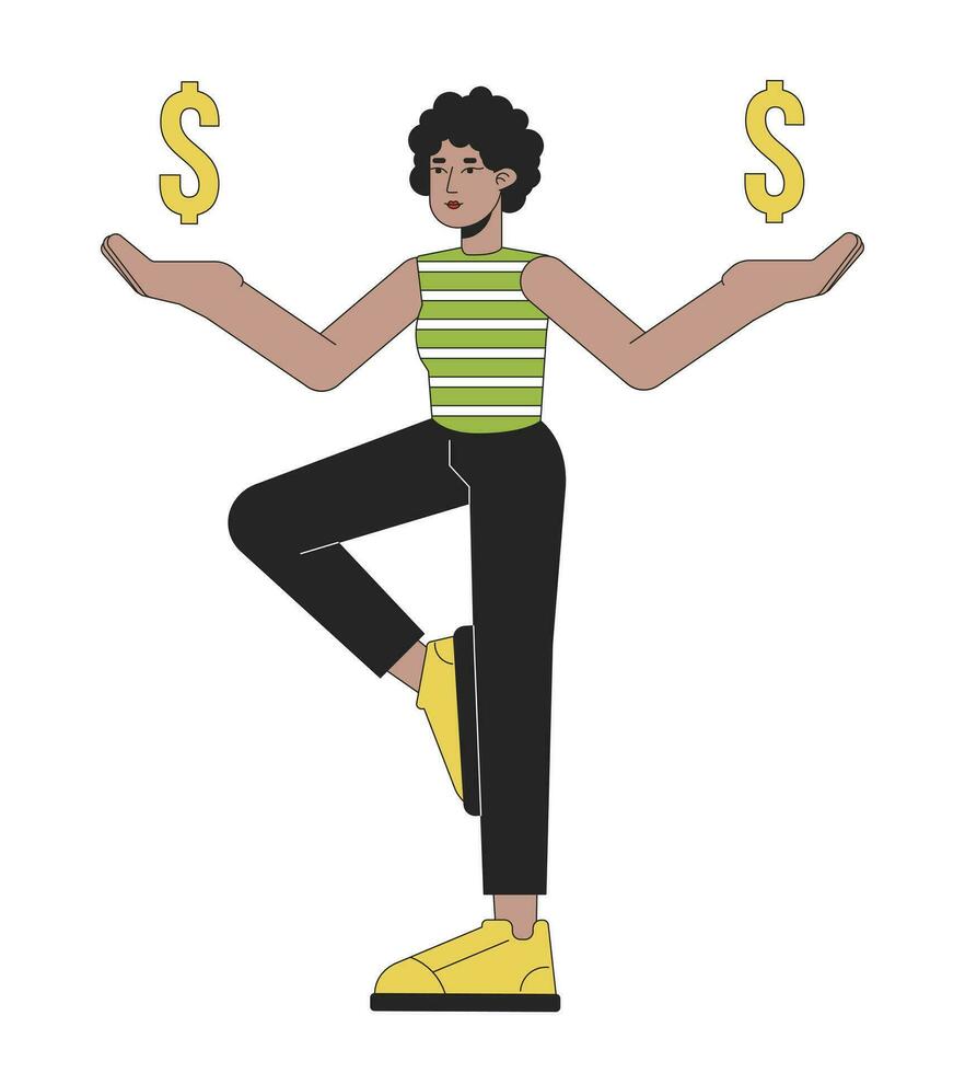 Balancing dollar finances flat line color vector character. Editable outline full body person holding dollars signs on hands on white. Simple cartoon spot illustration for web graphic design