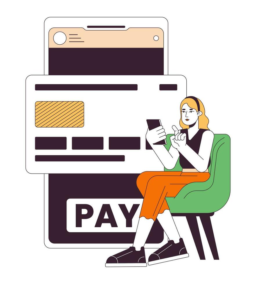 Online banking flat line concept vector spot illustration. Woman paying for purchases by credit card 2D cartoon outline character on white for web UI design. Editable isolated color hero image