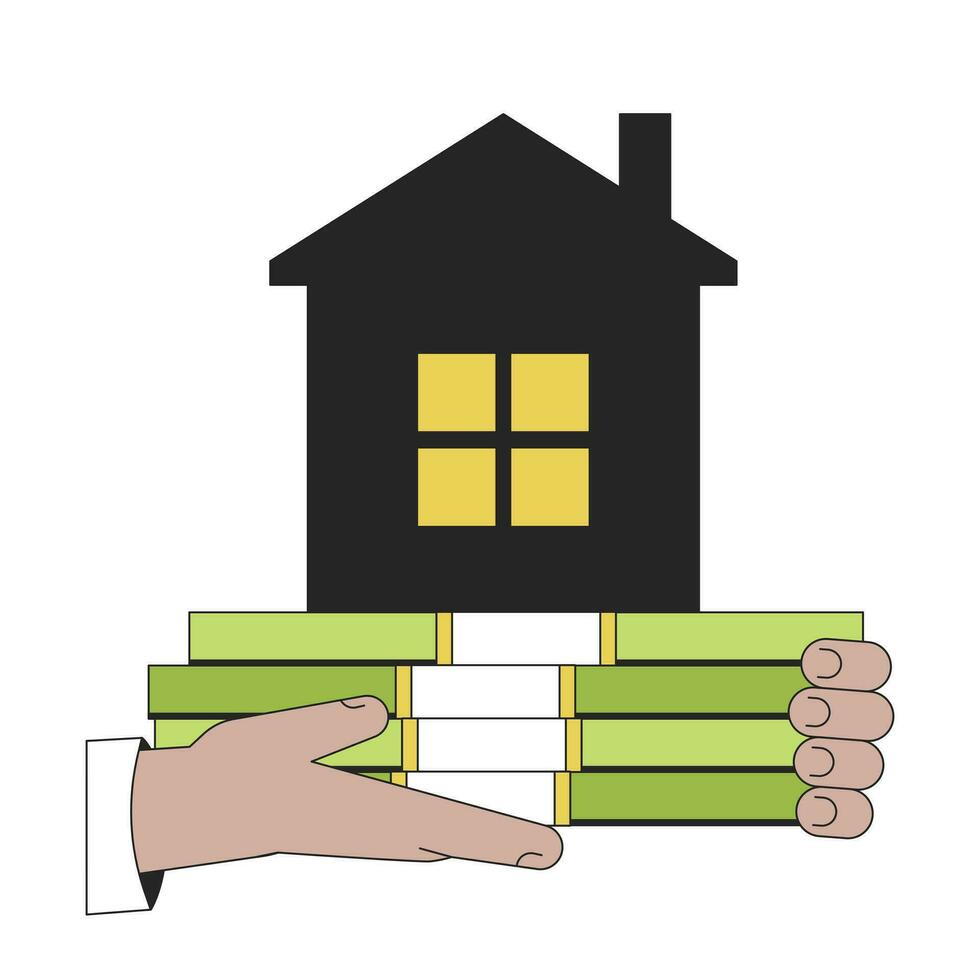 Hands holding cash ond house flat line color isolated vector object. Mortgage on property. Editable clip art image on white background. Simple outline cartoon spot illustration for web design