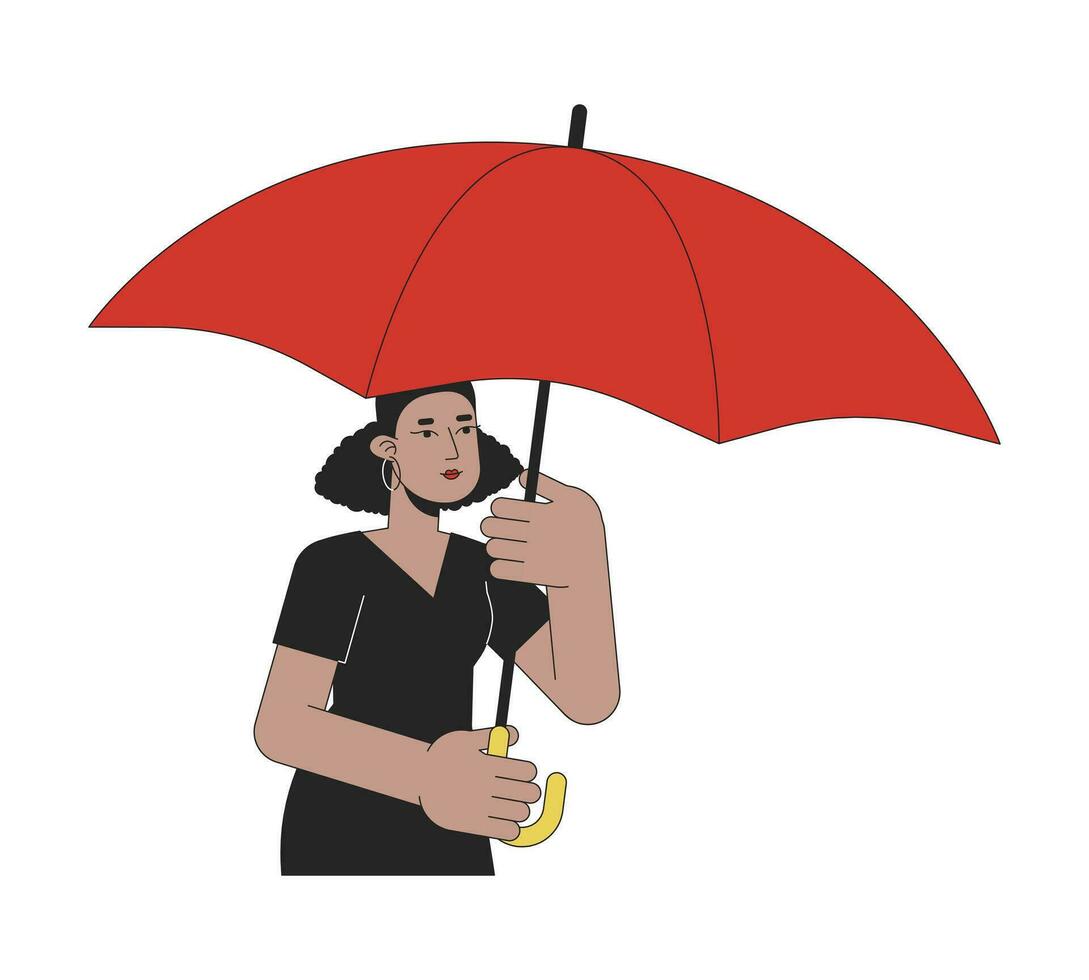 African american woman under umbrella flat line color vector character. Editable outline half body person covers from bad weather on white. Simple cartoon spot illustration for web graphic design