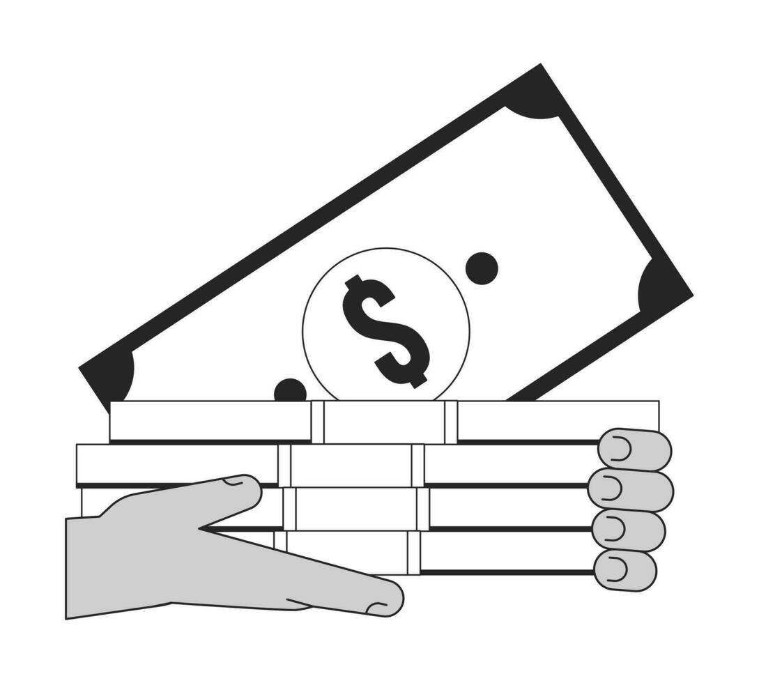 Hand holding cash flat monochrome isolated vector object. Savings. Personal finances. Editable black and white line art drawing. Simple outline spot illustration for web graphic design