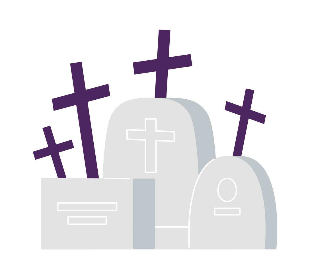 Halloween cemetery with crosses semi flat colour vector object. Old tombstones. Graveyard spooky. Editable cartoon clip art icon on white background. Simple spot illustration for web graphic design