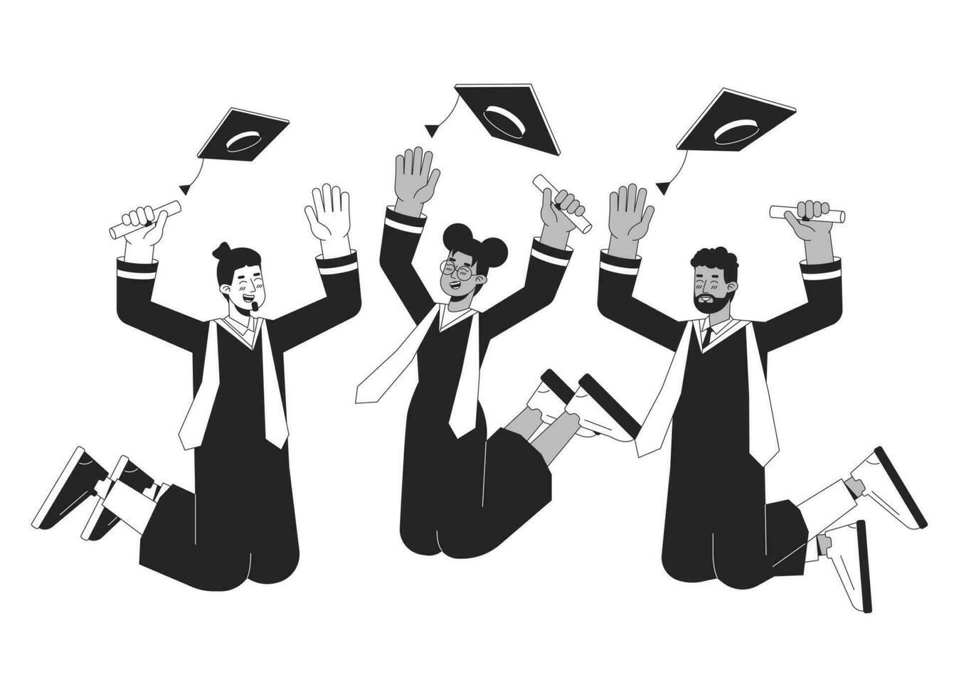 University graduation bw vector spot illustration. Graduates throw college caps 2D cartoon flat line monochromatic characters for web UI design. Masters students editable isolated outline hero image