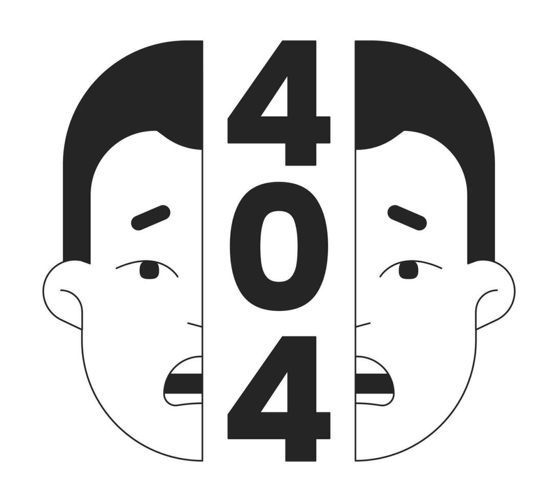 Shocking surprised split face black white error 404 flash message. Surrealism man. Monochrome empty state ui design. Page not found popup cartoon image. Vector flat outline illustration concept