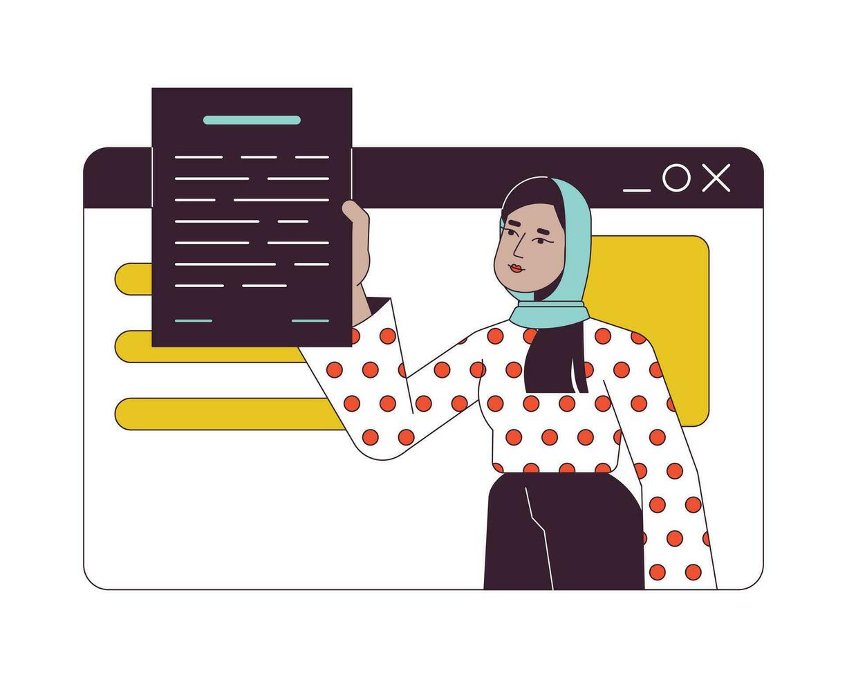 Woman on web page mockup background flat line concept vector spot illustration. Freelancer takes document 2D cartoon outline character on white for web UI design. Editable isolated color hero image