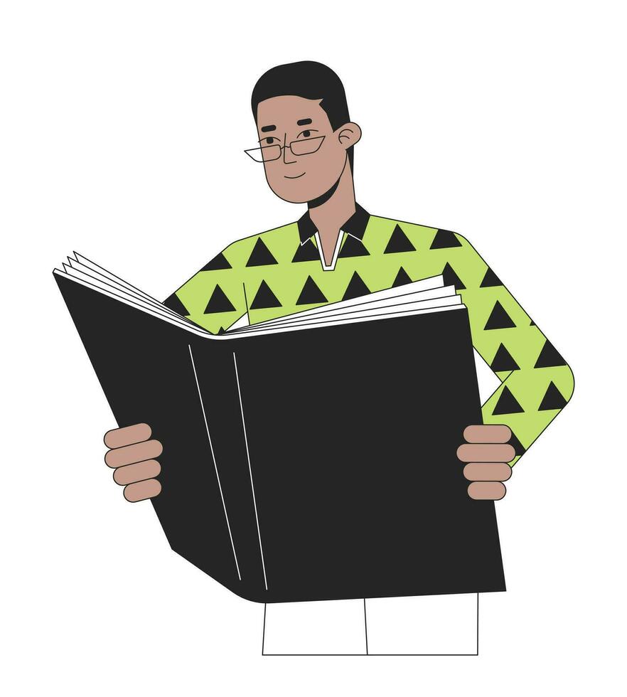 enfocado hombre leyendo libro plano línea color vector personaje. financiero educación. editable contorno lleno cuerpo persona en blanco. sencillo dibujos animados Mancha ilustración para web gráfico diseño