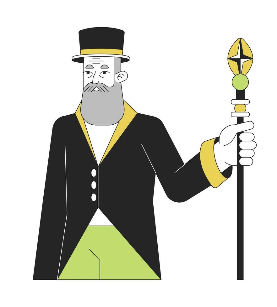 Bearded senior man in hat flat line color vector character. Editable outline full body person in evening dress holding wizard staff on white. Simple cartoon spot illustration for web graphic design