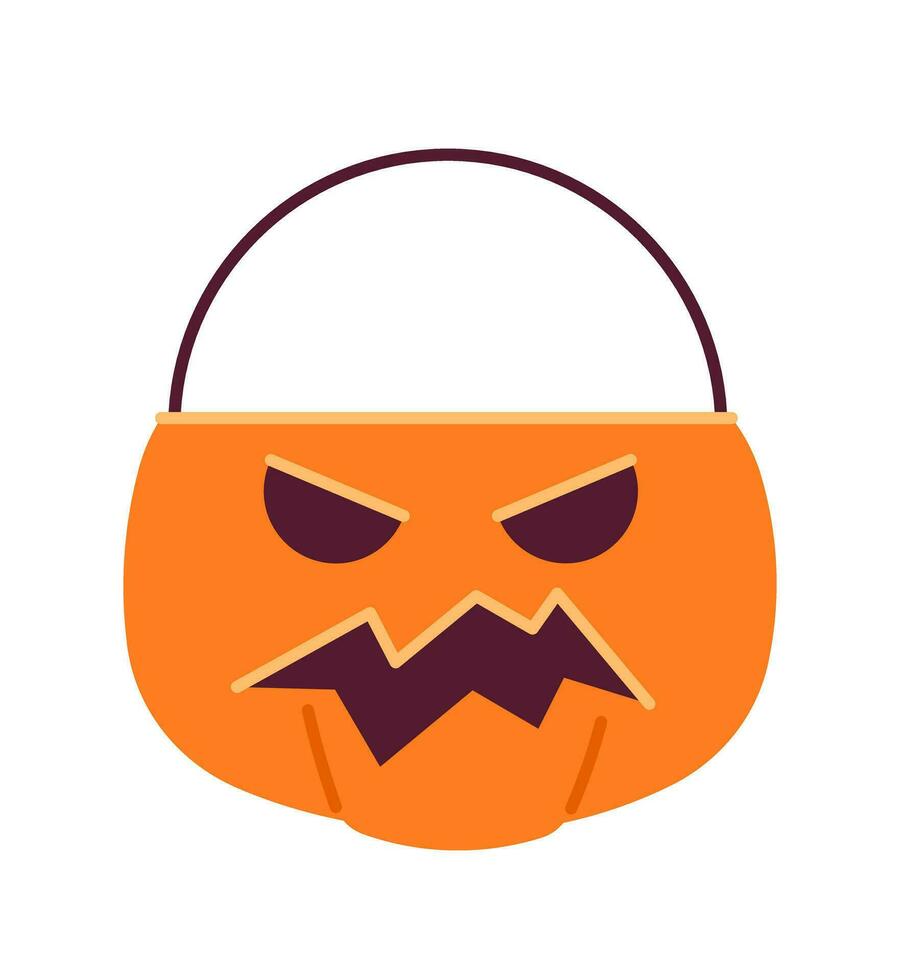 Halloween pumpkin basket semi flat colour vector object. Candy bucket. Jack o lantern container. Editable cartoon clip art icon on white background. Simple spot illustration for web graphic design