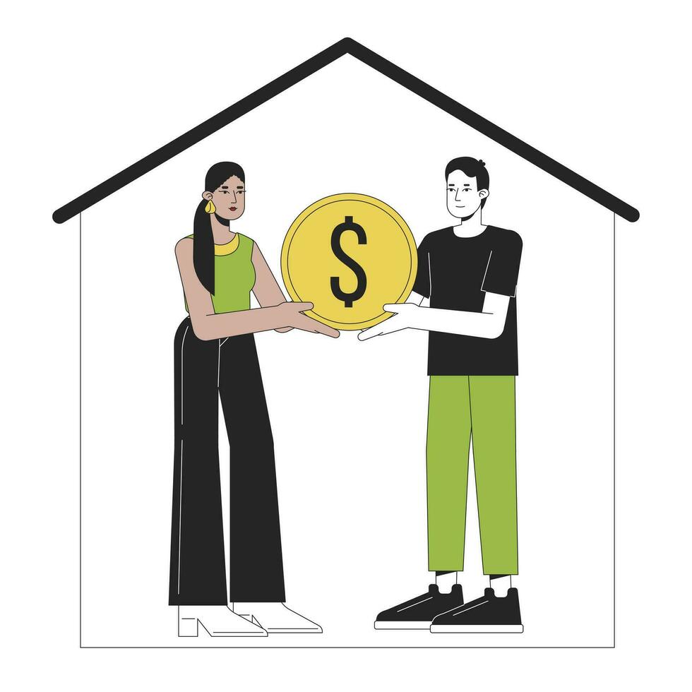 Couple buying real estate flat line concept vector spot illustration. Happy people holding golden coin 2D cartoon outline characters on white for web UI design. Editable isolated color hero image