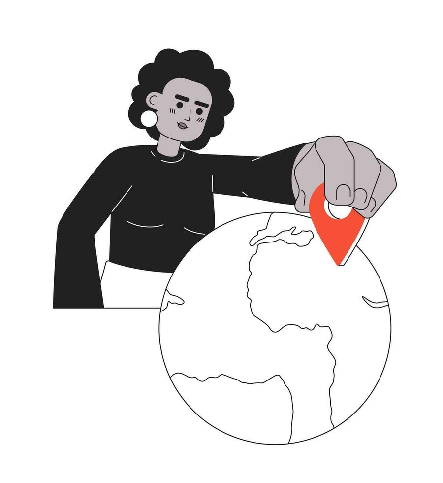 Woman put location pin on map monochrome concept vector spot illustration. Traveler selecting place 2D flat bw cartoon character on white for web UI design. Isolated editable hand drawn hero image