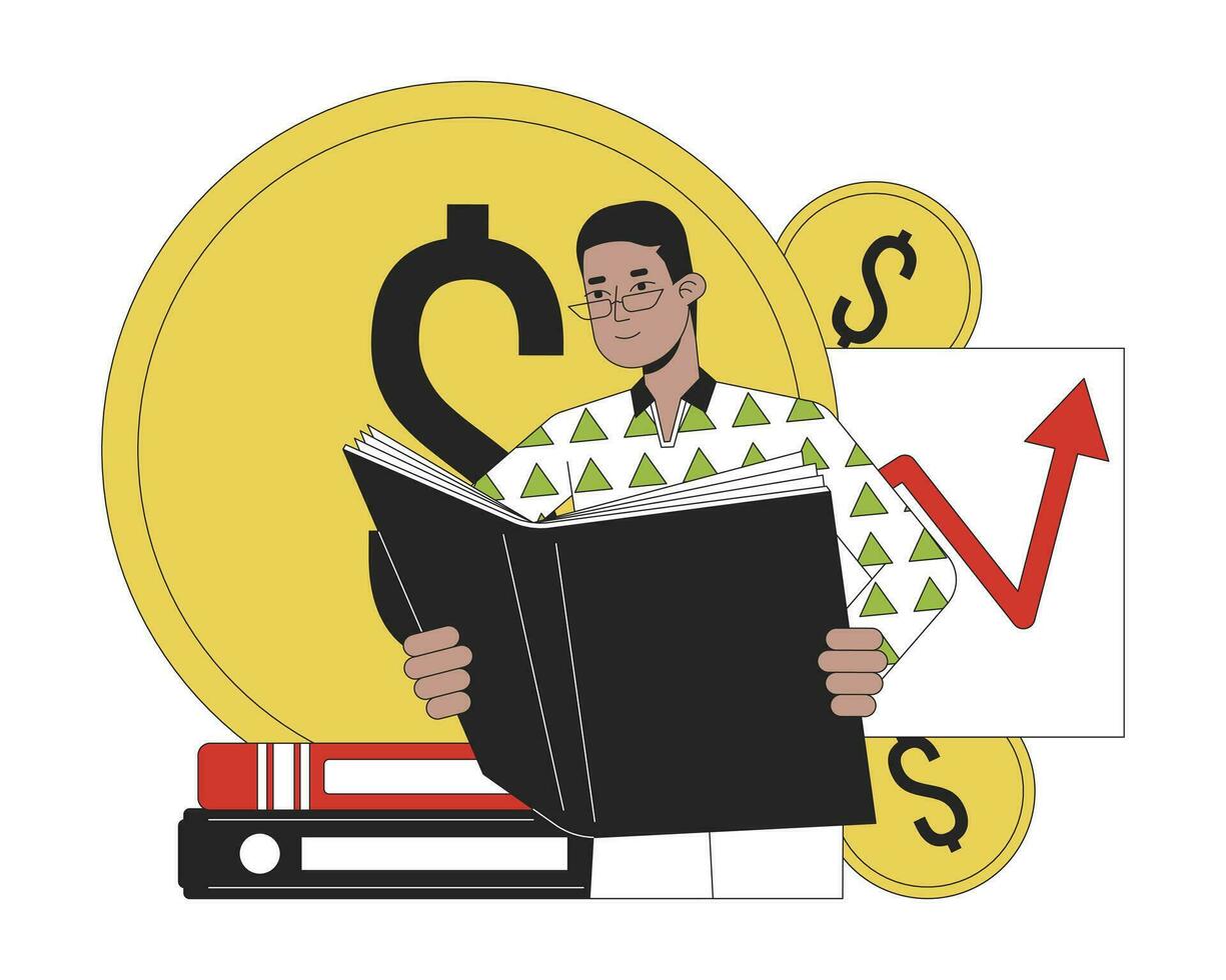 Financial education flat line concept vector spot illustration. Man reading bookkeeping book. Finance literacy 2D cartoon outline object on white for web UI design. Editable isolated color hero image
