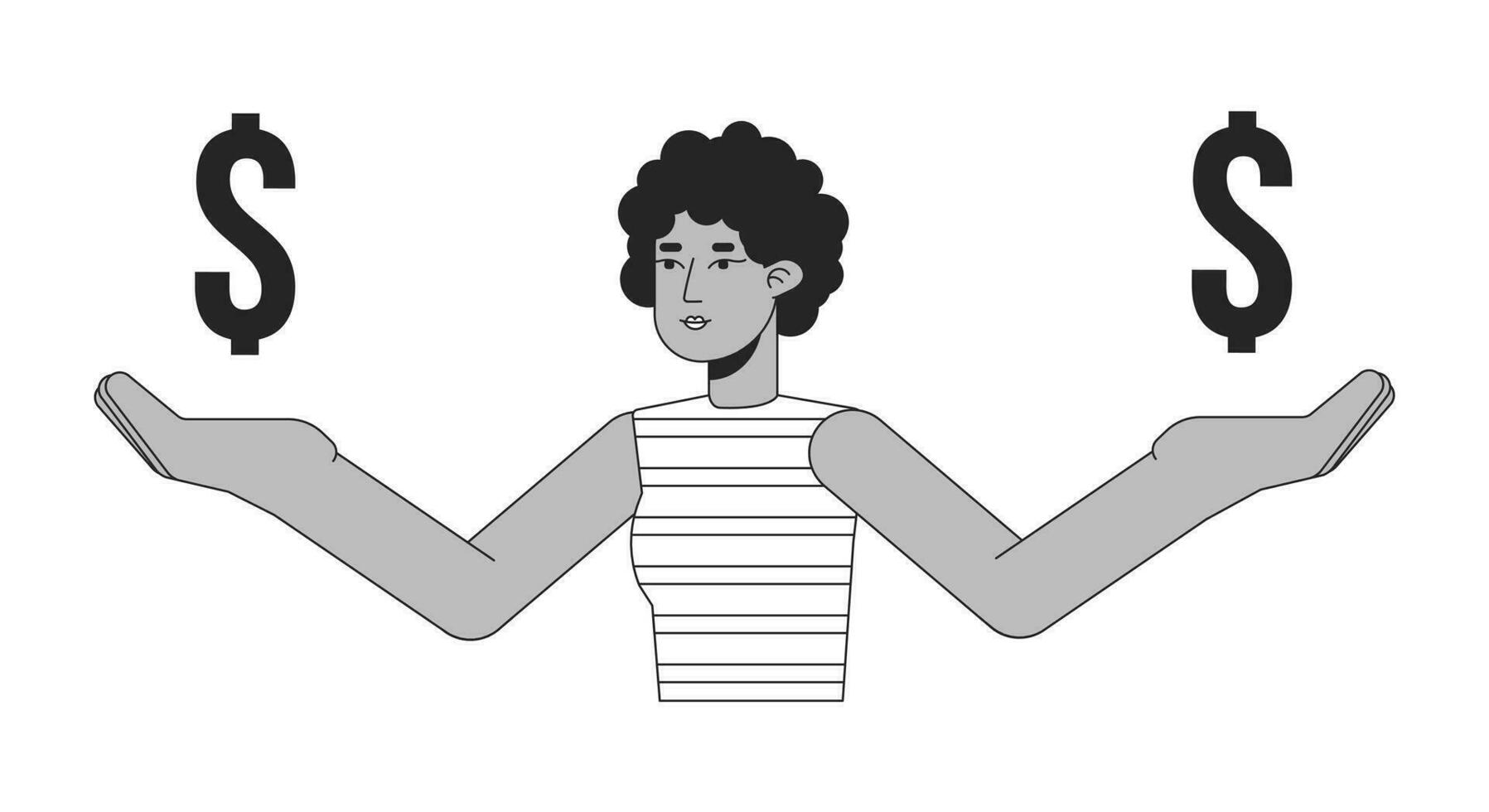 Woman holding dollar signs on hands flat line black white vector character. Balance in finances. Editable outline half body person. Simple cartoon isolated spot illustration for web graphic design