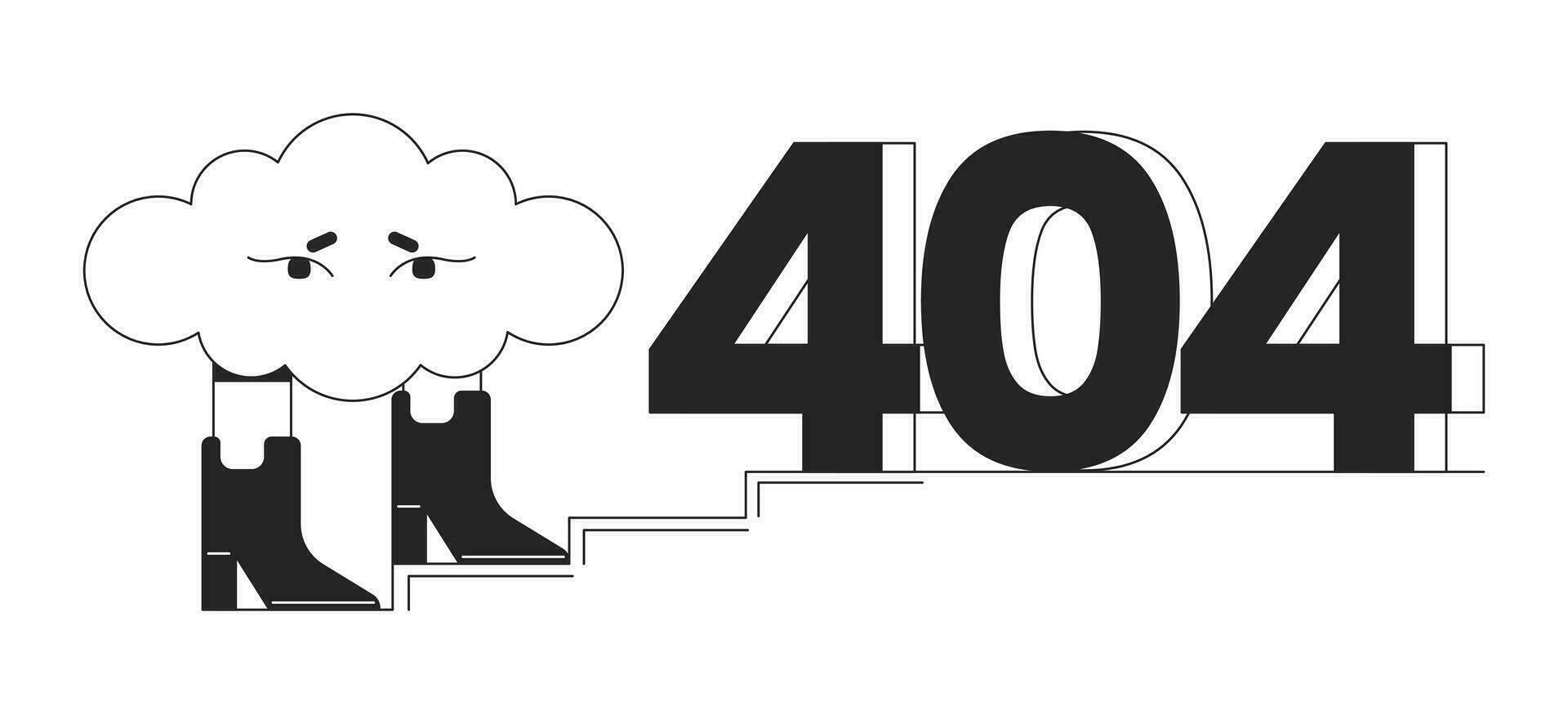Surreal cloud in boots with obstacle on stairs black white error 404 flash message. Monochrome empty state ui design. Page not found popup cartoon image. Vector flat outline illustration concept