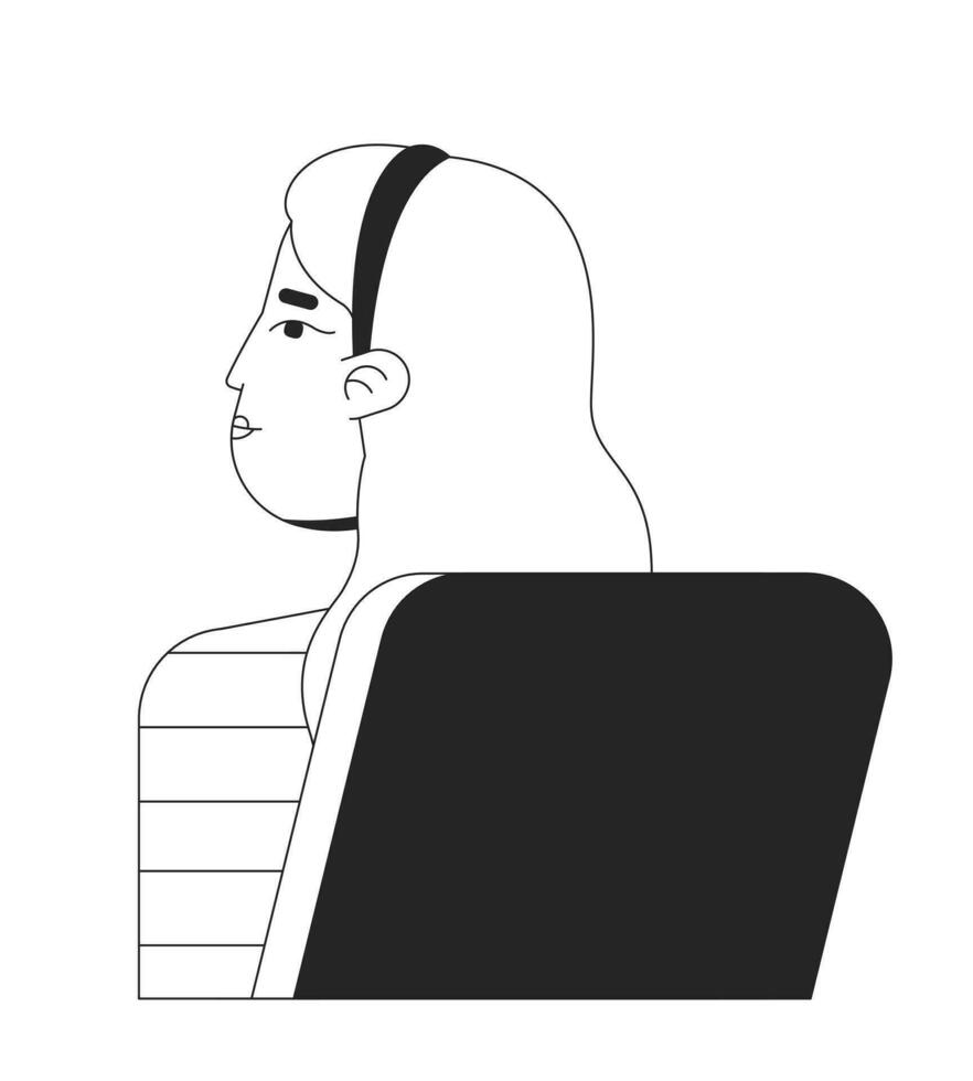 Caucasian young female student sitting in chair behind flat line black white vector character. Editable outline half body person. Learning simple cartoon isolated spot illustration for web design