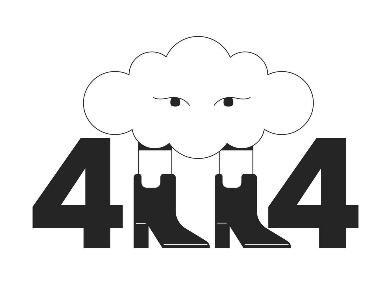 Stylish surreal cloud in boots black white error 404 flash message. Fantasy creature. Monochrome empty state ui design. Page not found popup cartoon image. Vector flat outline illustration concept