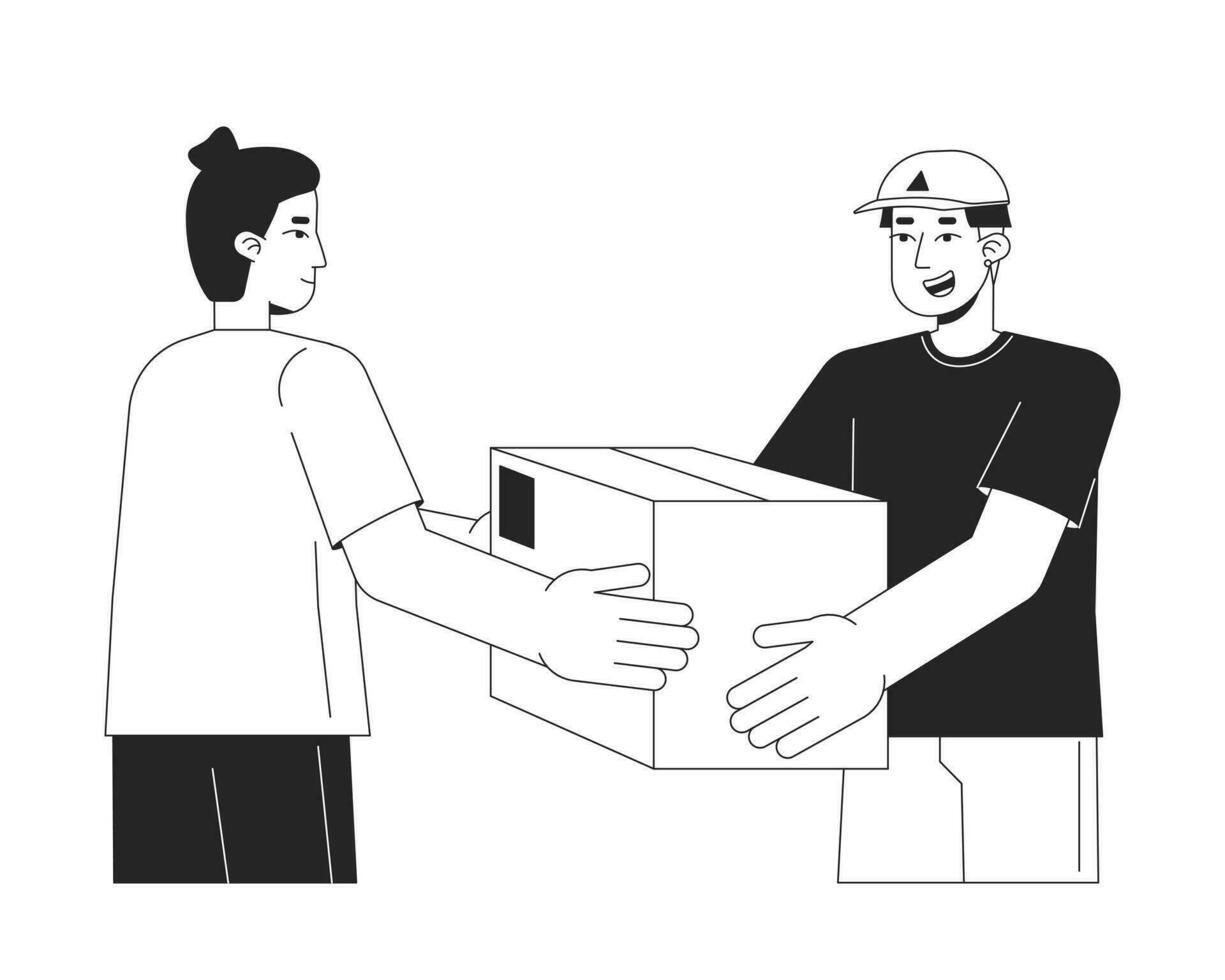Delivery man giving package to man flat line black white vector characters. Editable outline half body people. Express delivery simple cartoon isolated spot illustration for web graphic design