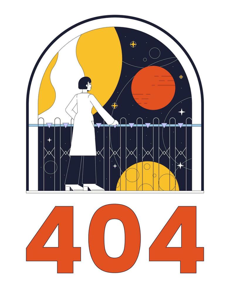 Space exploration error 404 flash message. Woman looking on universe through window. Empty state ui design. Page not found popup cartoon image. Vector flat illustration concept on white background