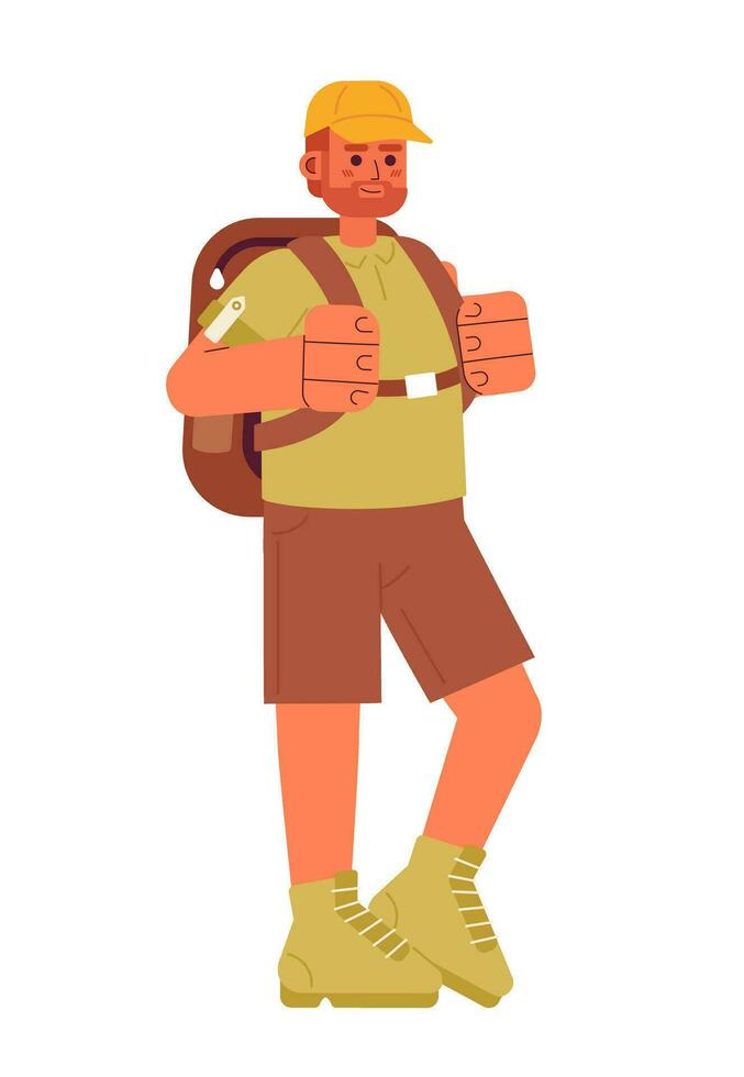 Excited caucasian man with backpack semi flat color vector character. Editable full body person in clothes ready to travelling on white. Simple cartoon spot illustration for web graphic design